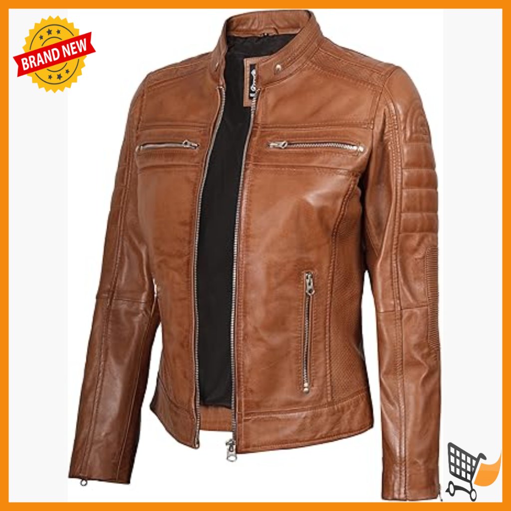 Lambskin Leather Jacket Women's Cafe Racer Slim Fit Stand Collar